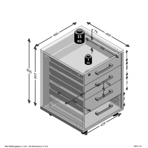 Rollcontainer CALVIA 4, Brillant Weiß/Alteiche Nachbildung