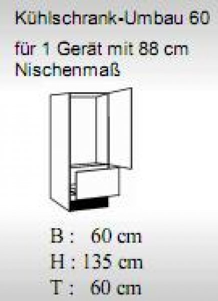 Küchen Halbhoher Kühlgeräteumbauschrank JULIA 60x135x60cm, Trüffeleiche / Hochglanz-Weiß